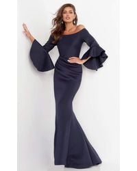 Jovani 59993sc Bell Sleeve Off-shoulder Mermaid Gown - Blue