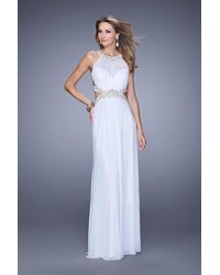 La Femme Embroidered Strappy Open Back Evening Gown - White