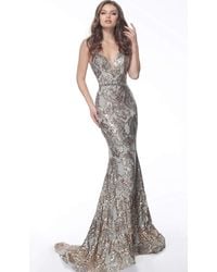 Jovani Beaded Plunging Sweetheart Long Gown 67347sc 2 Pcs Gold/silver In Sizes 4 And 18 Available - Metallic