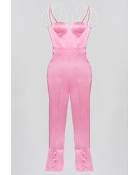Crystal Wardrobe Rhinestone Strap Satin Jumpsuit - Pink