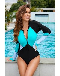 Crystal Wardrobe Color Block Half Zip Long Sleeve One-piece Swimsuit - Blue