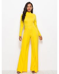 Crystal Wardrobe Long Sleeve Mock Neck Wide Leg Jumpsuit - Yellow