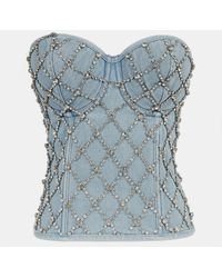 Crystal Wardrobe Strapless Lace Up Denim Rhinestone Fishnet Bustier - Blue