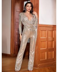 Crystal Wardrobe Sequin Deep V Long Sleeve Jumpsuit - Metallic