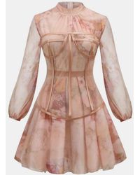 Crystal Wardrobe Printed Ruffled Hem Puff Sleeve Dress - Pink