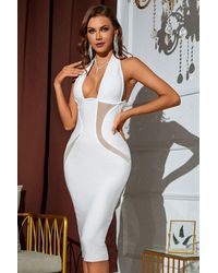 Crystal Wardrobe Halter Neck Spliced Mesh Bandage Dress - White