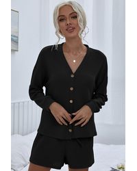 Crystal Wardrobe Waffle Button Front Top And Shorts Lounge Set - Black