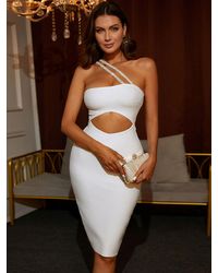 Crystal Wardrobe Rhinestone One-shoulder Cutout Slit Bandage Dress - White