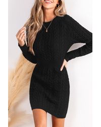 CUPSHE - Robe Pull Courte En Tricot Côtelé À Manches Longues Noire - Lyst