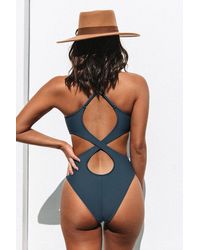 CUPSHE Encounter Under The Waves Cross Back Adjustable Straps Cutout One Piece Swimsuit - Blue