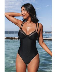 CUPSHE Retro Field Day Mesh Underwire Double Straps One Piece Swimsuit - Black