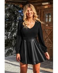 CUPSHE - Zwarte Lange Mouw Top Imitatie Leren Rok Mini Jurk - Lyst
