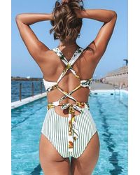 CUPSHE - White Floral And Stripe One Piece Swimsuit - Lyst