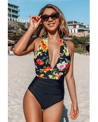 CUPSHE - Floral And Black Plunge Halter One Piece Swimsuit - Lyst