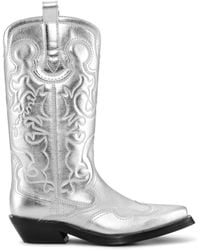 Ganni - Western Midi Shaft Metallic Boots Silver In Patent Leather - Lyst
