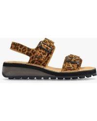 Fly London - Heif Cheetah & Tan Leather Double Buckle Low Wedge Sandals - Lyst