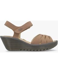 Fly London - Yazi Taupe Leather Wedge Sandals - Lyst