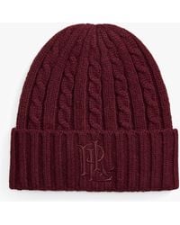 Ralph Lauren - Embroidered Logo Cable Knit Burgundy Beanie Hat - Lyst
