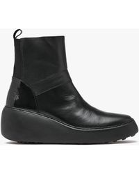 Fly London - Doxe Black Leather & Patent Wedge Ankle Boots - Lyst