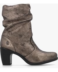 Fly London - Klei Cool Graphite Leather Rouched Block Heel Ankle Boots - Lyst
