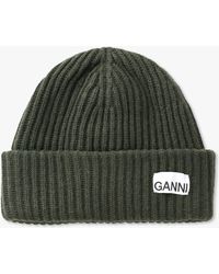 Ganni - Khaki Oversized Wool Ribbed Beanie Hat - Lyst
