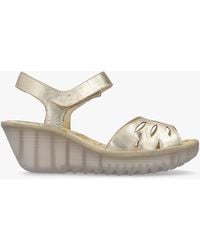 Fly London - Yazi Gold Leather Wedge Sandals - Lyst