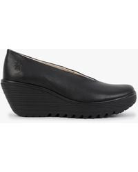 Fly London - Yaz Black Leather Wedge Court Shoes - Lyst