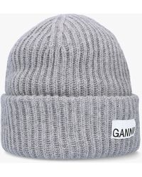 Ganni - Grey Oversized Wool Ribbed Beanie Hat - Lyst