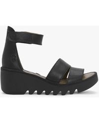 Fly London - Bono Black Tumbled Leather Low Wedge Sandals - Lyst