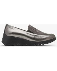 Wonders - Jewel Pewter Leather Low Wedge Loafers - Lyst