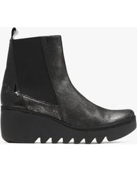 Fly London - Womens Bagu Leather Wedge Chelsea Boots In Silver Black - Lyst