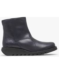 Fly London - Sagu Navy Leather Low Wedge Ankle Boots - Lyst