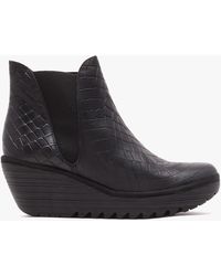 Fly London - Yoss Black Leather Moc Croc Wedge Ankle Boots - Lyst