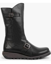 Fly London - Mes Black Pebbled Leather Low Wedge Calf Boots - Lyst