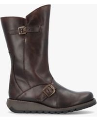 Fly London - Mes Ii Dark Brown Leather Low Wedge Calf Boots - Lyst