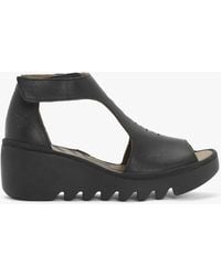 Fly London - Bezo Black Leather Wedge Sandals - Lyst
