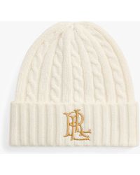 Ralph Lauren - Embroidered Logo Cable Knit Cream Beanie Hat - Lyst