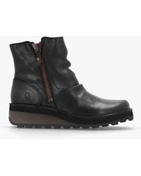 Fly London - Hole Black Leather Low Wedge Ankle Boots - Lyst