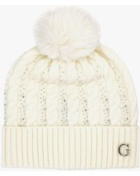 Guess - Cream Knitted G Logo Diamante Pom Pom Beanie Hat - Lyst