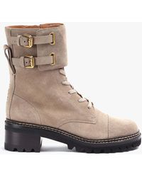 See By Chloé - Mallory Beige Suede Buckled Biker Boots - Lyst