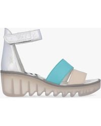Fly London - Bono Cloud Turquoise Silver Tumbled Leather Low Wedge Sandals - Lyst