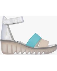 Fly London - Bono Cloud Turquoise Silver Tumbled Leather Low Wedge Sandals - Lyst