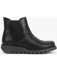 Fly London - Salv Black Leather Moc Croc Wedge Chelsea Boots - Lyst