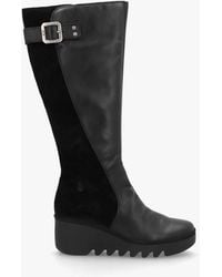 Fly London - Befy Black Leather & Suede Wedge Knee Boots - Lyst