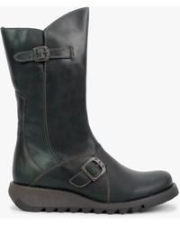 Fly London - Mes Ii Petrol Leather Low Wedge Calf Boots - Lyst