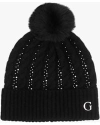 Guess - Knitted G Logo Diamante Pom Pom Beanie Hat - Lyst