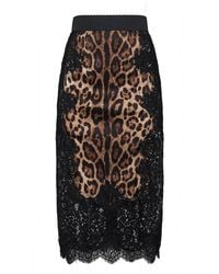 Dolce & Gabbana - Leopard-Print Satin And Lace Pencil Midi Skirt - Lyst