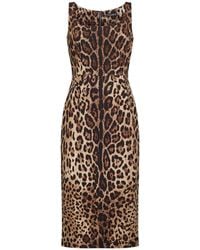 Dolce & Gabbana - Leopard Printed Stretch Charmeuse Midi Dress - Lyst