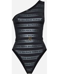 Balmain - Logo-tape Stripe One-shoulder Swimsuit - Lyst