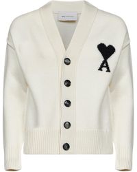 Ami Paris - Ecru Felted Merino Wool Ami De Cœur Cardigan - Lyst